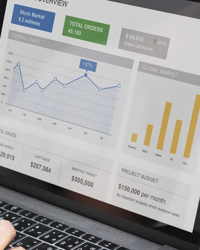 Pantalla con métricas de SEO y ventas mostrando crecimiento de tráfico orgánico y rendimiento web