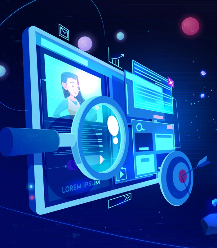 Ilustración de análisis web con lupa y objetivos de posicionamiento SEO para empresas en plataformas digitales
