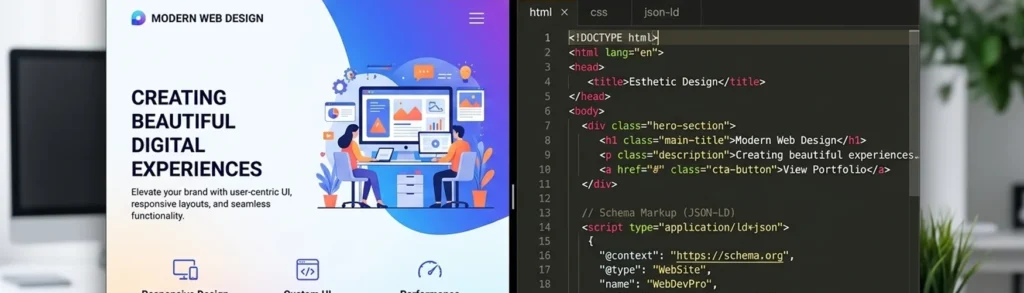 Representación de arquitectura web dividida entre diseño visual y código SEO técnico, destacando la metodología de desarrollo de Skipper.